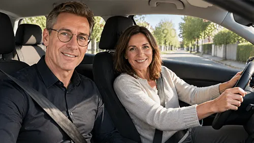 Fahrlehrer und Frau mittleren Alters bei einer Auffrischungsfahrt im Auto
