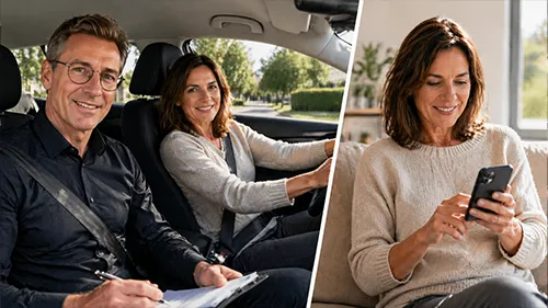 Auffrischungsfahrt im Auto und Nutzung einer Lern-App auf dem Smartphone