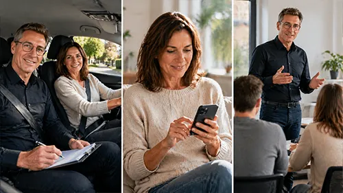 Fahrstunde, Lern-App und Theorieunterricht als dreigeteiltes Bild