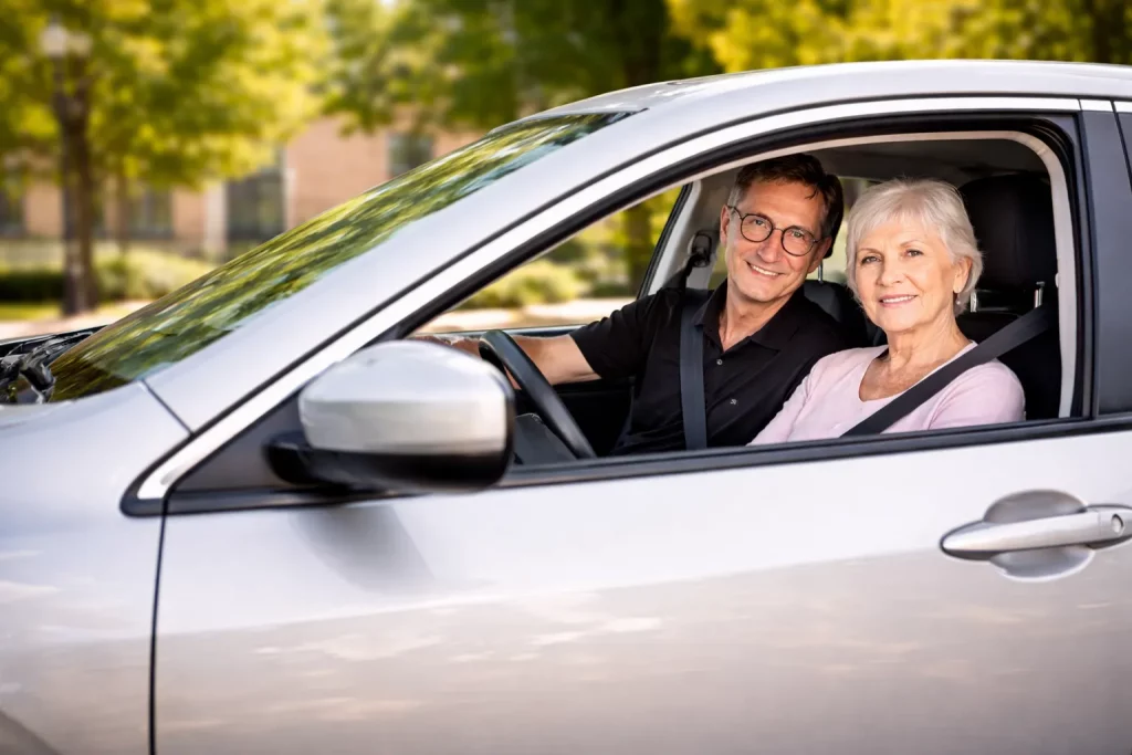 Fahrlehrer und Seniorin sitzen im Auto und lächeln durch das geöffnete Fahrerfenster in die Kamera.
