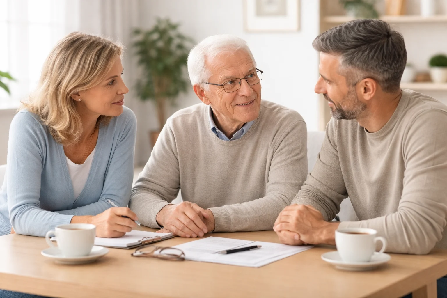 Ältere Person sitzt mit zwei Angehörigen an einem Tisch und führt ein ruhiges, wertschätzendes Gespräch.