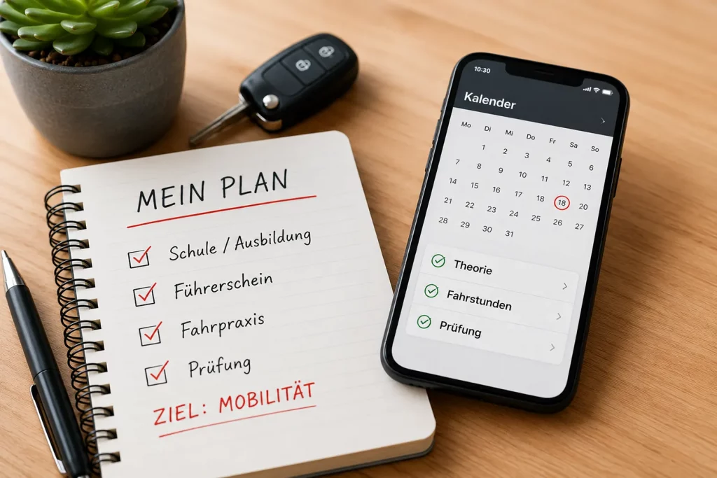 Notizbuch mit Führerschein-Planung, Smartphone-Kalender, Autoschlüssel und Stift auf einem Schreibtisch.