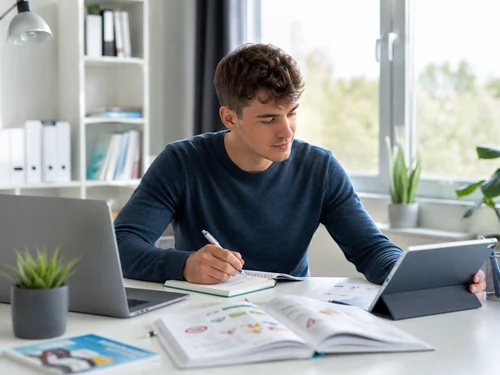 Junger Fahrschüler arbeitet konzentriert mit Buch, Tablet und Notizen am Schreibtisch.