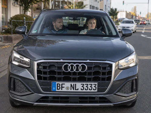Fahrschülerin fährt einen grauen Audi Q2 mit Kennzeichen BF NL 3333 durch die Stadt, daneben sitzt die Begleitperson.