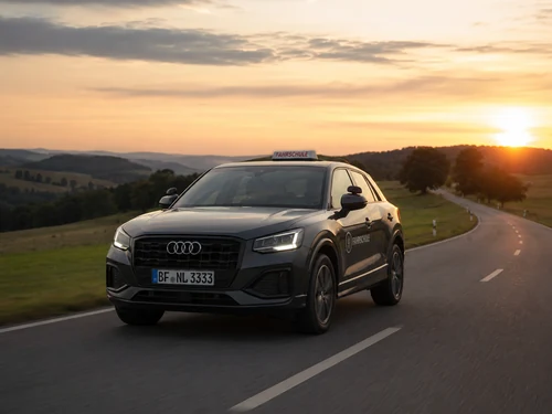 grauer Audi Q2 Fahrschulwagen mit Kennzeichen BF NL 3333 auf einer Landstraße bei Sonnenuntergang.
