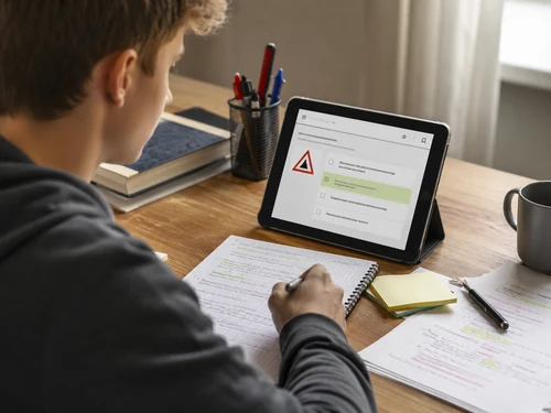 Jugendlicher lernt mit Tablet und Notizen für die Führerschein-Theorie.